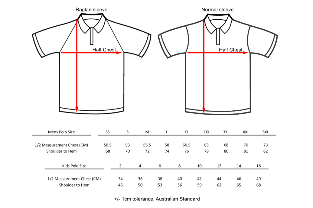 Size chart for mens and kids polo shirts